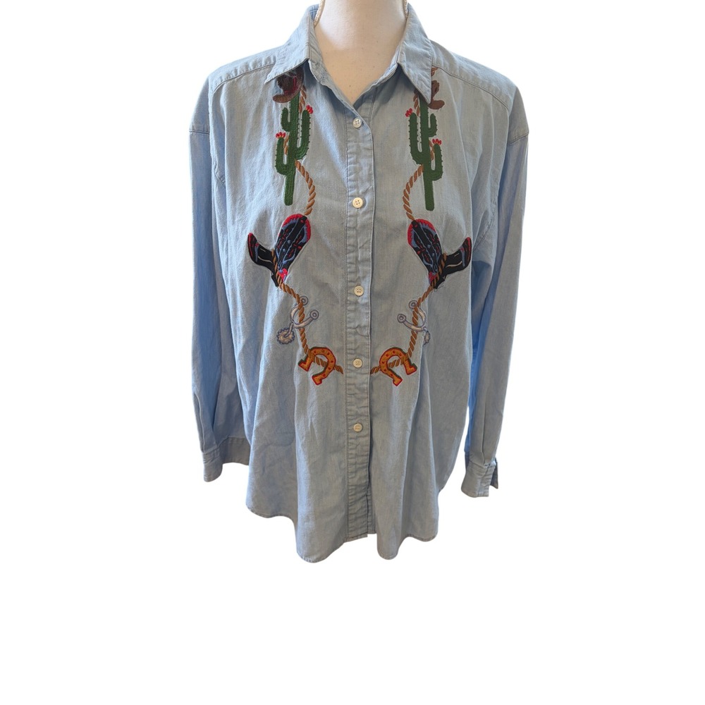 Vintage Western Denim Button Down Shirt Embroidered Cowboy Boots Cactus Sz‎ 14